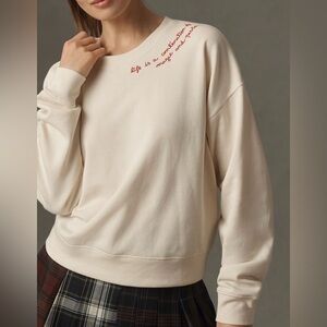 Anthropologie Cozy Cream Sweatshirt with Red Embroidery